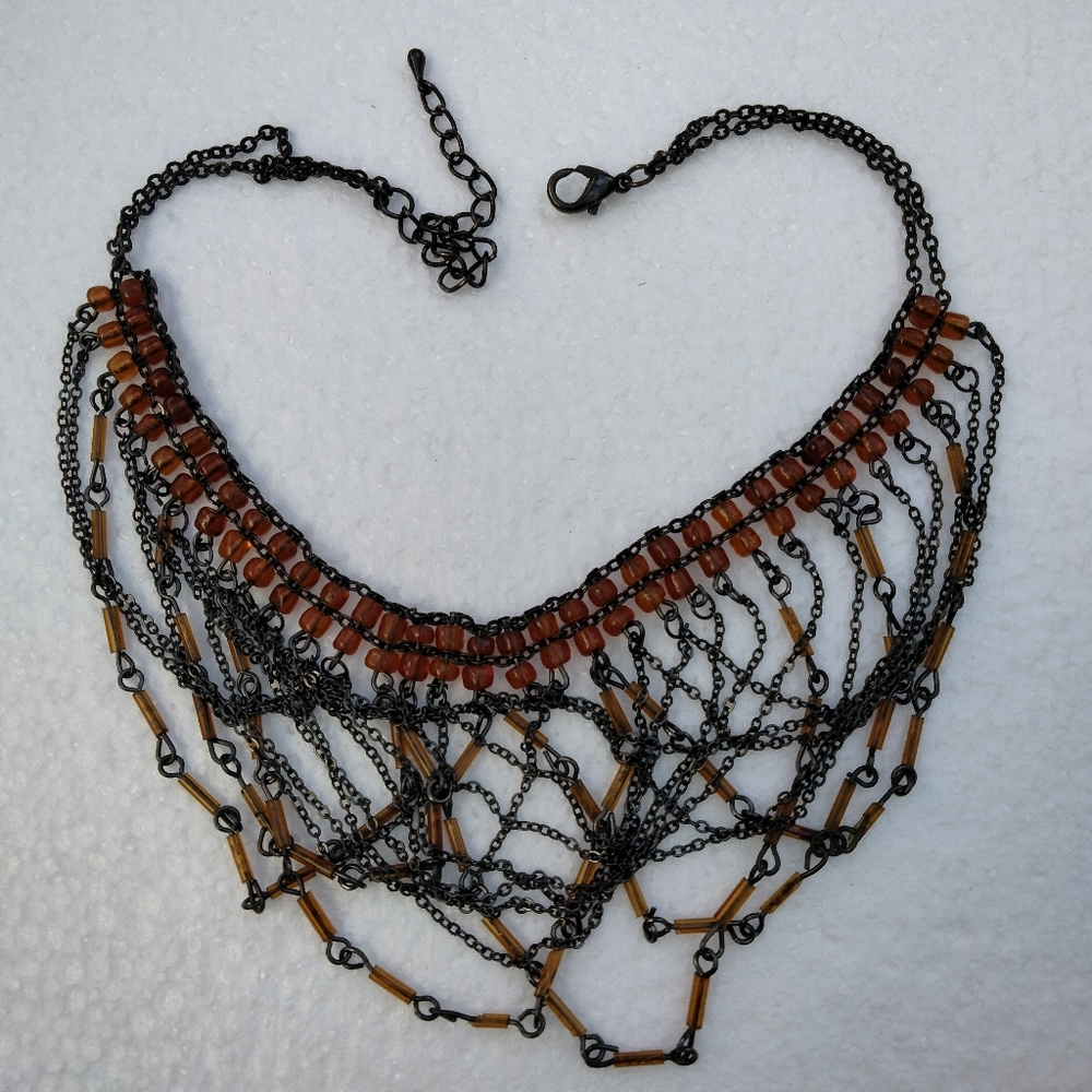 Y2K Cleopatra Style Multi-Chain and Brown Bead Choker Necklace